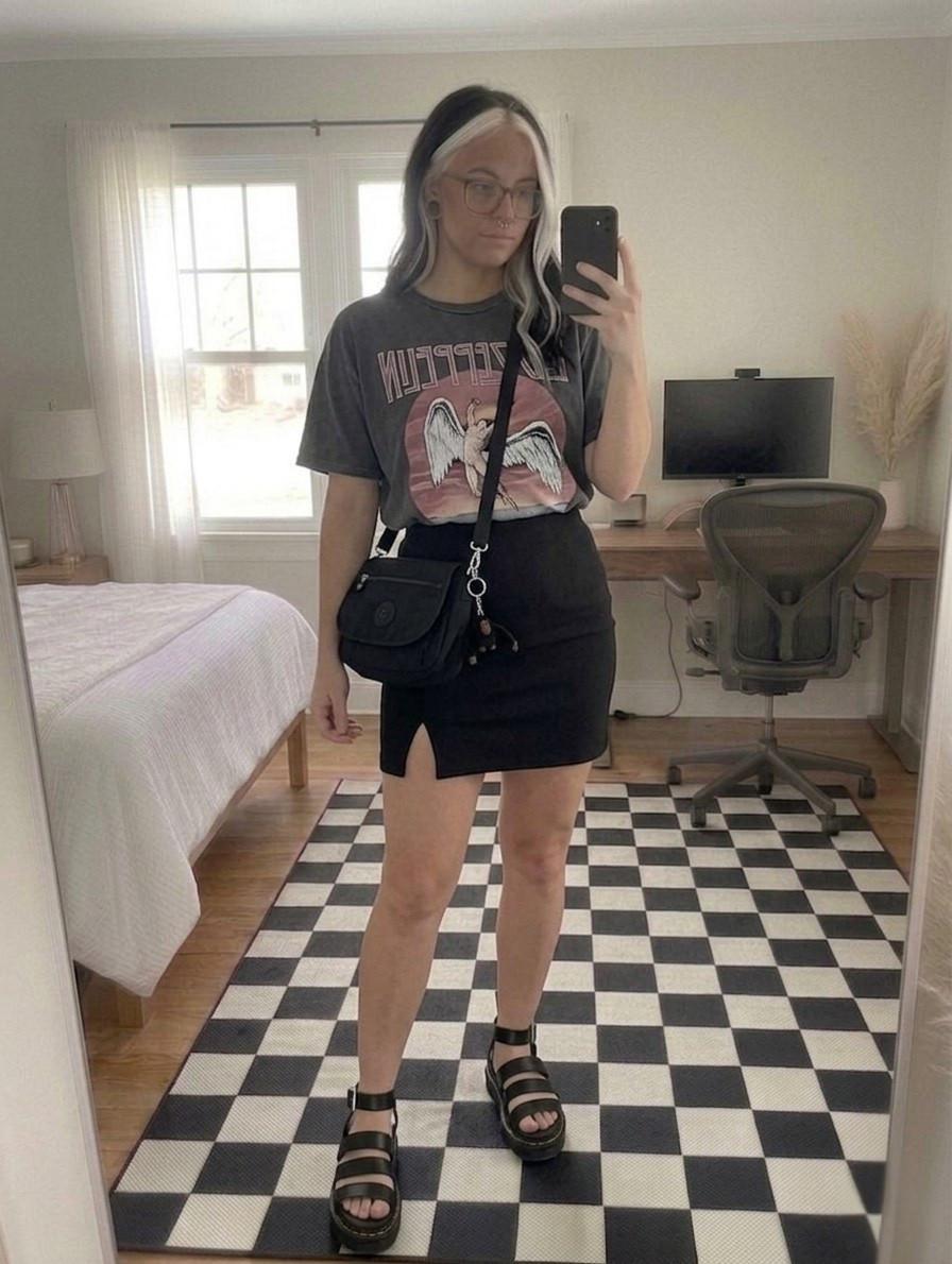 Transitioning my wardrobe into those edgy, vintage vibes with this charcoal Led Zeppelin graphic tee and the perfect black mini. This high-waisted skirt with the side slit is a total staple for 2026. It is structured but so flattering. Paired with my go-to Dr. Martens platform sandals (that yellow stitching is iconic) and a classic Kipling crossbody for the ultimate hands-free concert or coffee run look.

#LTKootd #LTKSeasonal #LTKMidsize