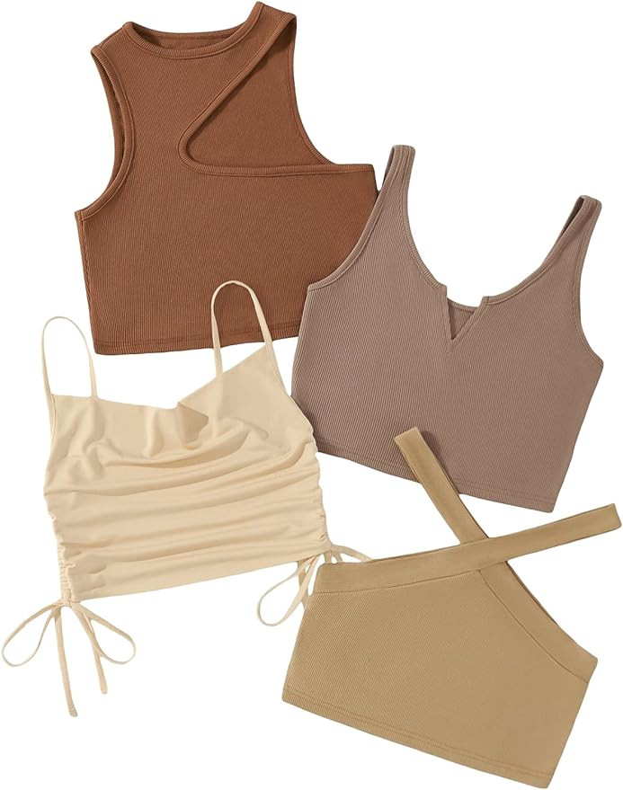 Floerns Women's 4 Pcs Notched Neck Tank Sleeveless Drawstring Rib Knit Cami Top | Amazon (US)