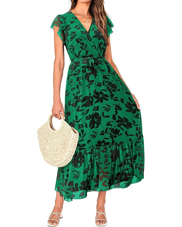BTFBM Women Summer Bohemian Floral Casual Wrap V Neck Ruffle Cap Sleeveless Belt A-Line Pleated H... | Amazon (US)