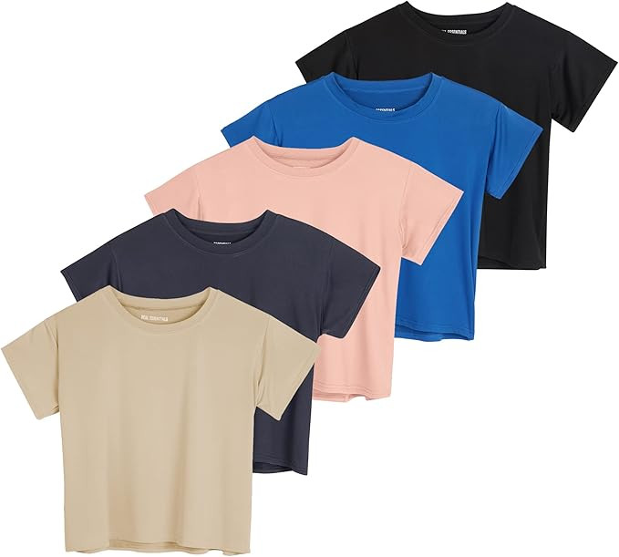 Real Essentials 5 Pack: Women's Dry Fit Crop Top - Short Sleeve Crew Neck Stretch Athletic Tee (A... | Amazon (US)