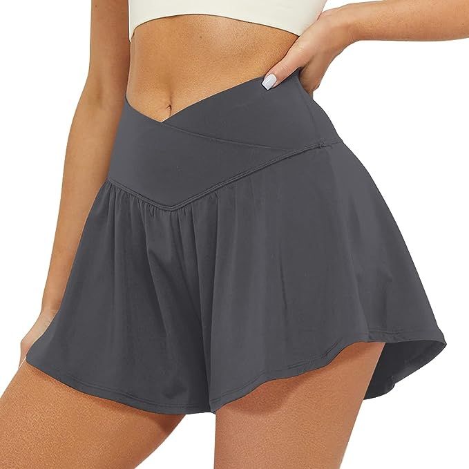 FireSwan Crossover Athletic Shorts for Women 2 in 1 Flowy Running Shorts with Pockets Spandex But... | Amazon (US)