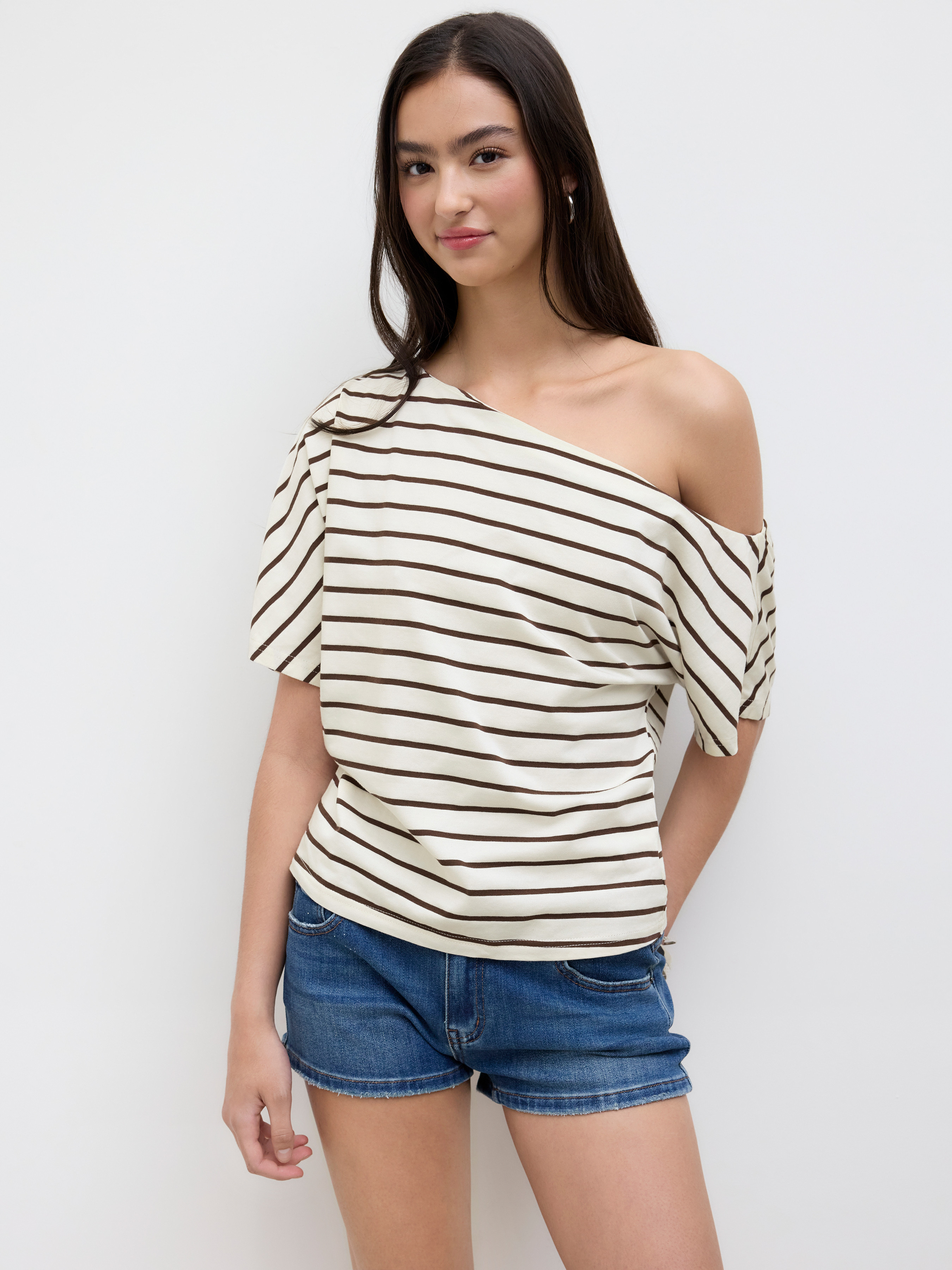 Knit Fabric 100% Cotton Asymmetrical Neck Stripe Oversized Tee | Cider