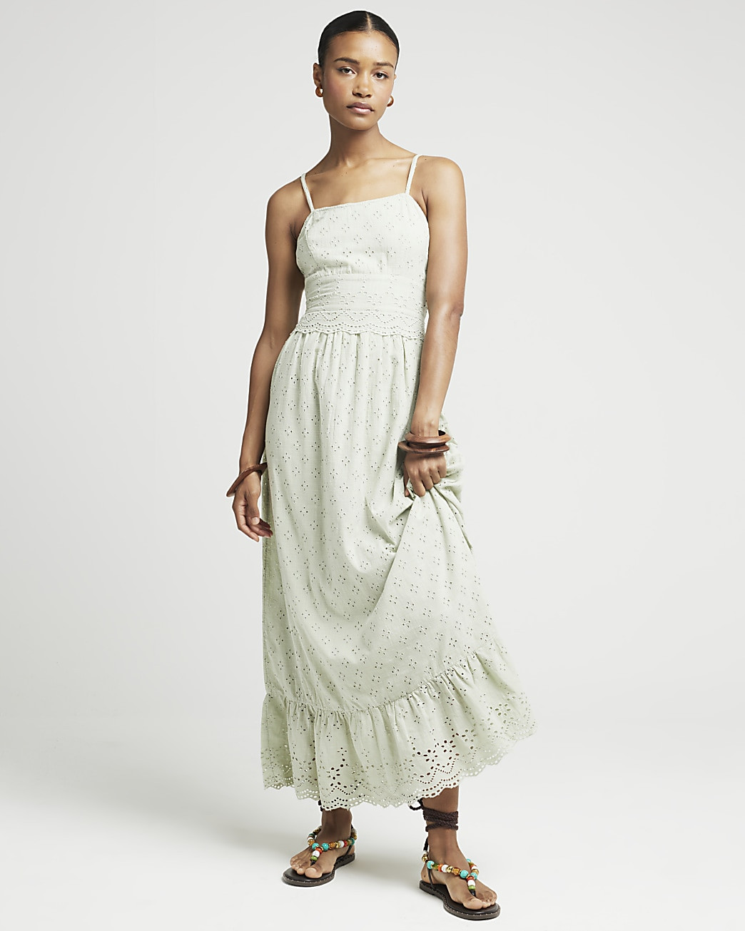 Khaki Broderie Skater Maxi Dress | River Island (UK & IE)