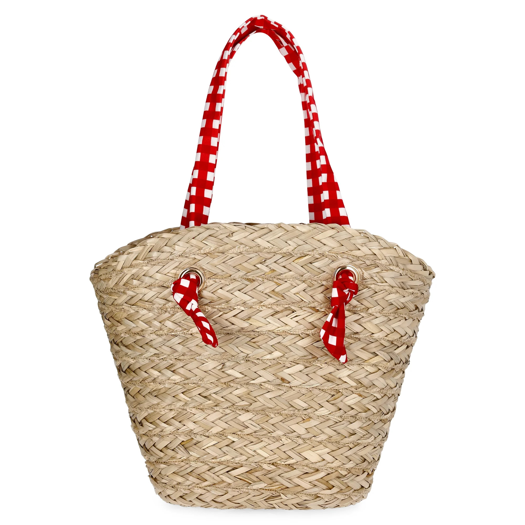 Time and Tru Women's Seagrass Beach Tote, Natural/Red | Walmart (US)