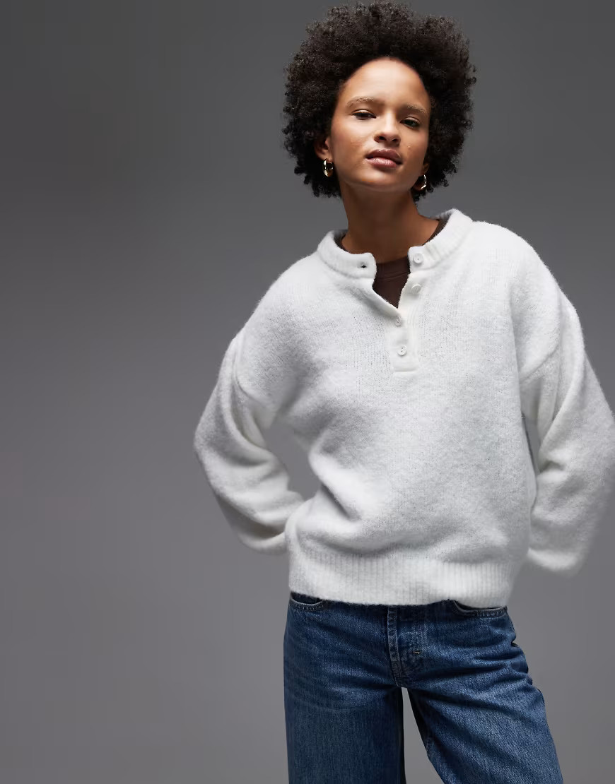 ASOS DESIGN knitted oversized henley jumper with wool in ecru-White | ASOS (Global)