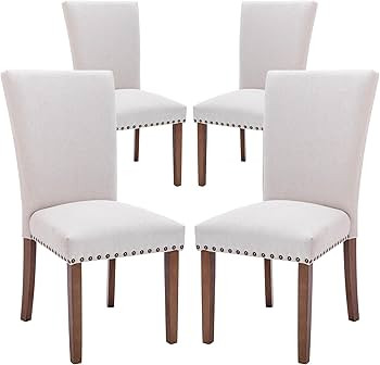 COLAMY Upholstered Parsons Dining Chairs Set of 4, Fabric Dining Room Kitchen Side Chair with Nailhead Trim and Wood Legs - Beige,No Table | Amazon (US)