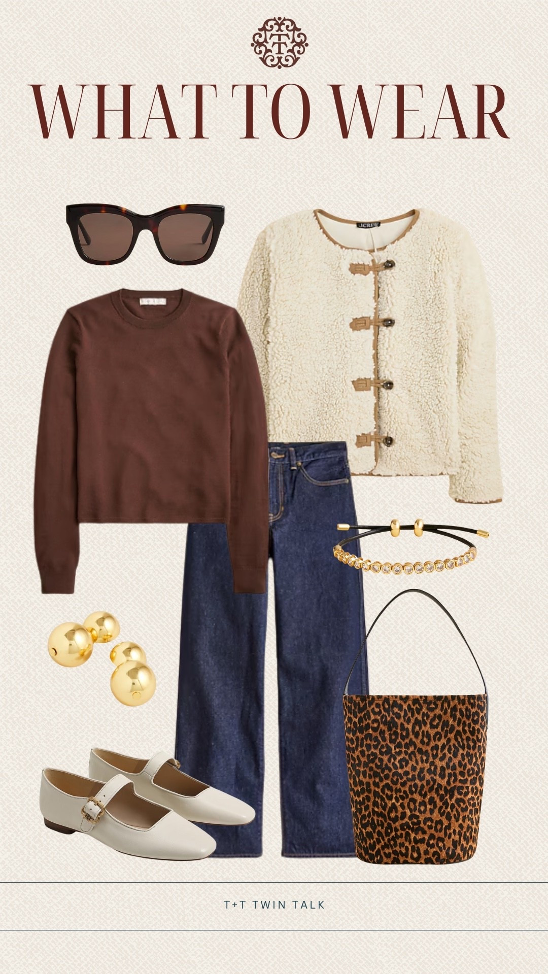 T+T, outfit inspiration for the winter time! We are loving this Sherpa jacket from J.Crew paired with a brown long sleeve and dark wash denim. To accessorize we would add sunglasses, simple gold earrings, and a cheetah print bag to complete the look. 

#LTKMidsize #LTKOver40 #LTKSeasonal