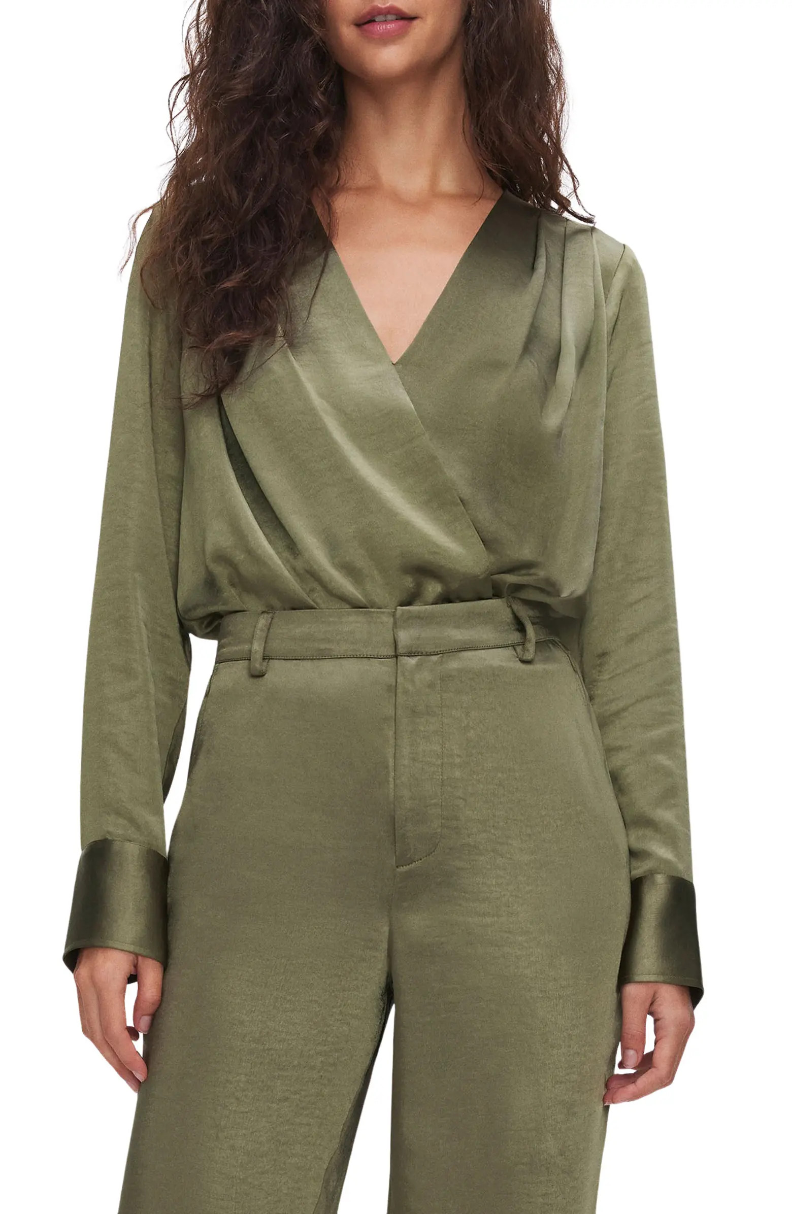 Good American Long Sleeve Washed Satin Wrap Front Bodysuit | Nordstrom | Nordstrom