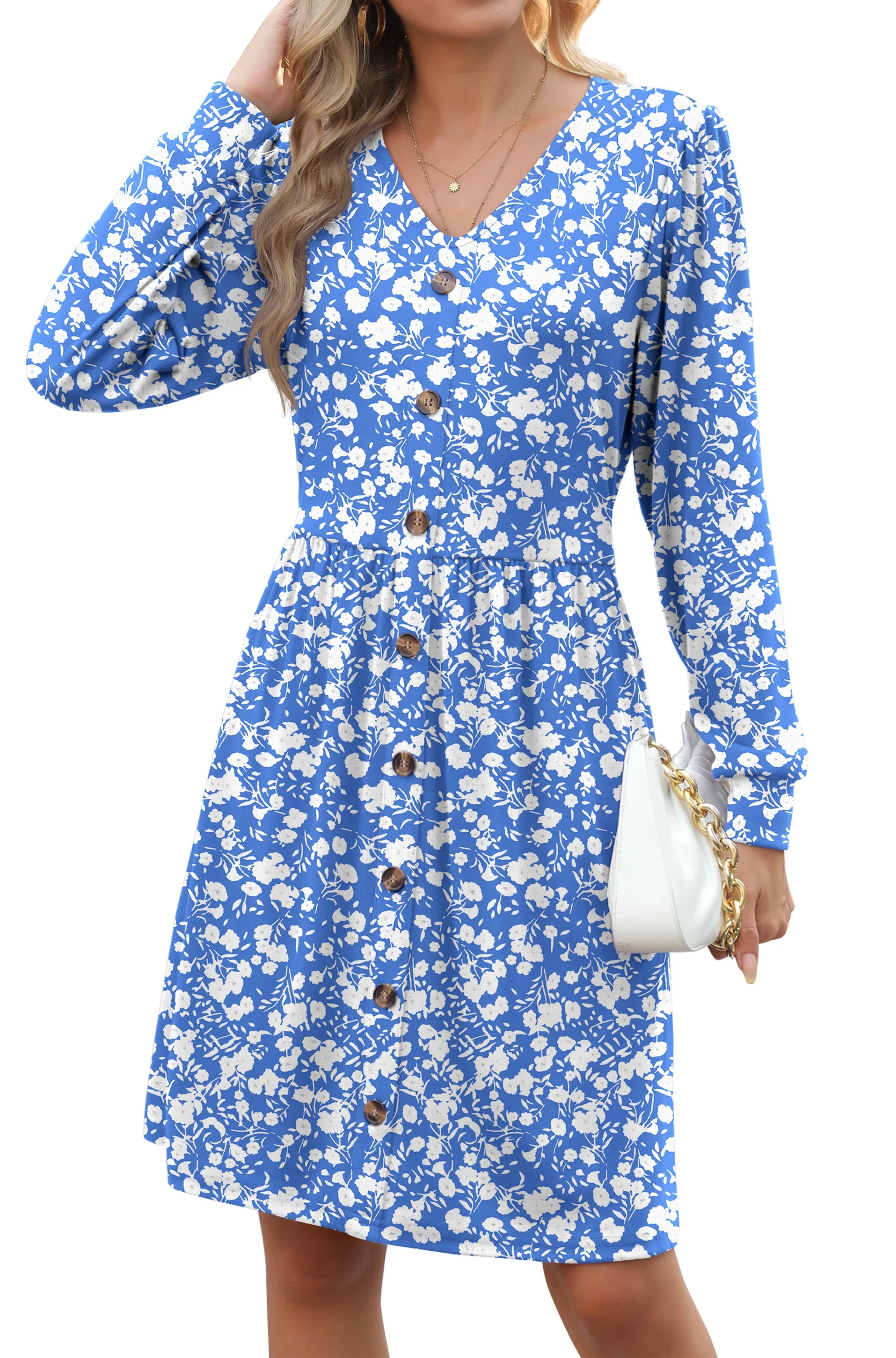Fantaslook Long Sleeve Dresses for Women V Neck Casual Fall Dress Button Floral Midi Dresses with... | Walmart (US)