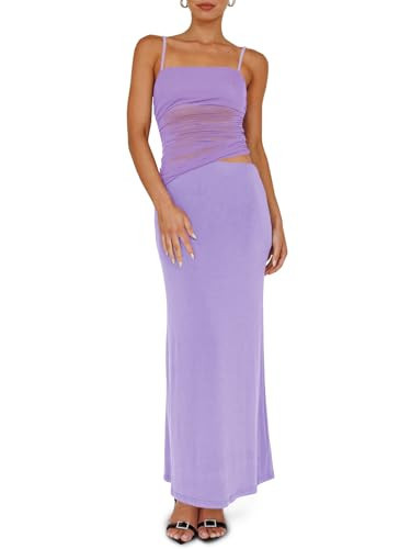 Fisoew Womens 2 Piece Skirt Dress Set Summer Sheer Mesh Ruched Camisole Tops Maxi Skirts Sexy Bodycon Sets | Amazon (US)