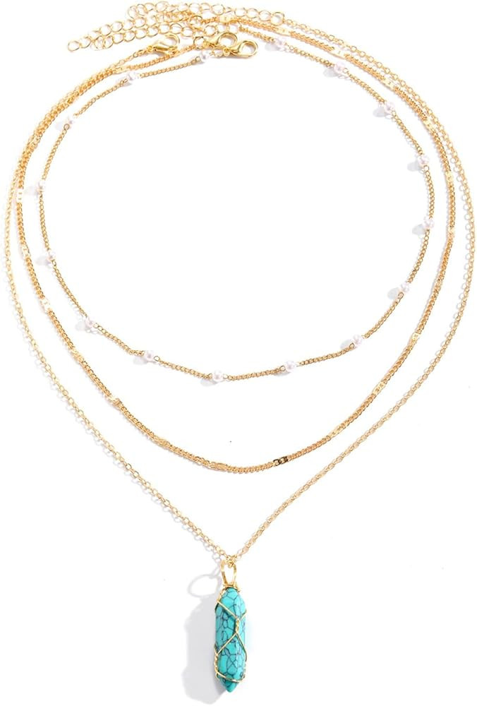 Boho Natural Stone Necklaces for Women Layered Pearl Turquoise Pendant Necklaces Wire Wrapped Cry... | Amazon (US)