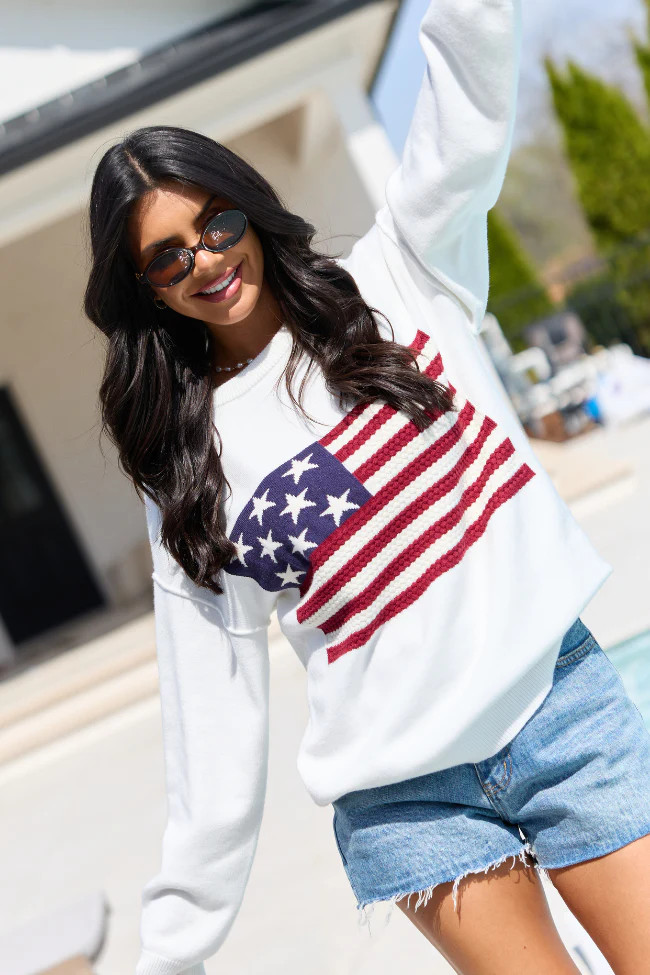 Home Of The Free Ivory Textured Flag Sweater | Pink Lily