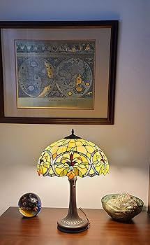 Tiffany Style Table Lamp Banker 23" Tall Stained Glass Green Tan Orange Yellow Floral Flower Vint... | Amazon (US)