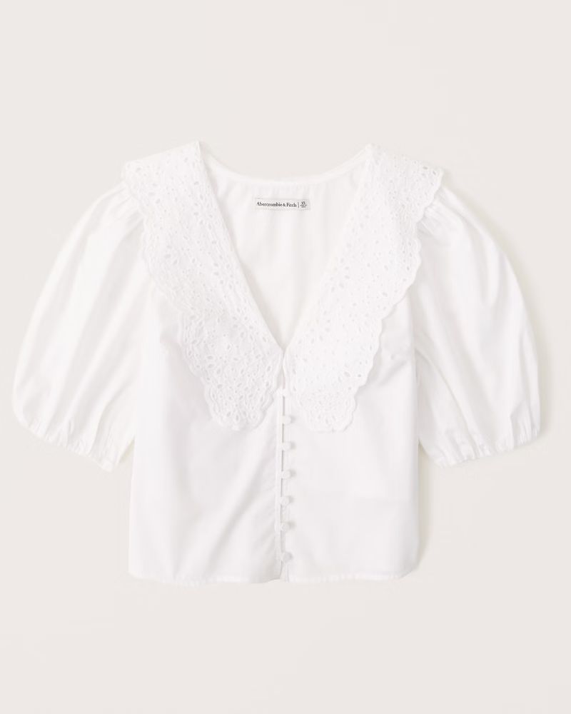 Lace Collar Button-Through Puff Sleeve Top | Abercrombie & Fitch (US)