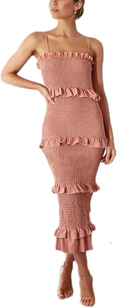 Popomelo Women's Sleeveless Shirred Tiered Bodycon Dresses Summer Spaghetti Strap Floral Print Sm... | Amazon (US)