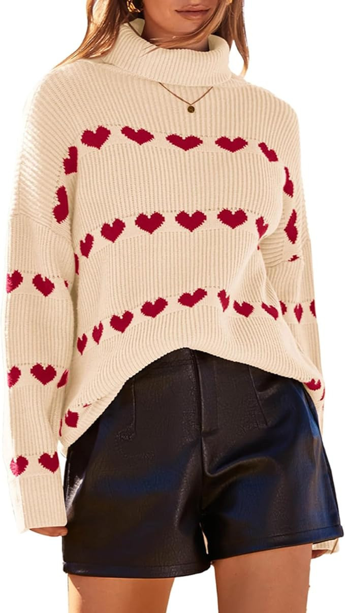 Women Valentines Day Turtleneck Sweaters for Teen Girls Heart Print Oversized Long Sleeve Knit Pu... | Amazon (US)