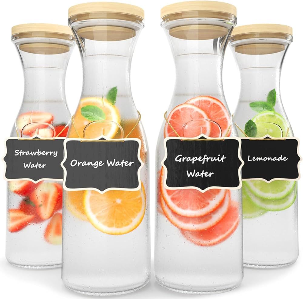 Finew 4 Pack Glass Carafe Pitchers with Wood Lids for Fridge, 1 Liter Water Pitcher Juice Contain... | Amazon (US)