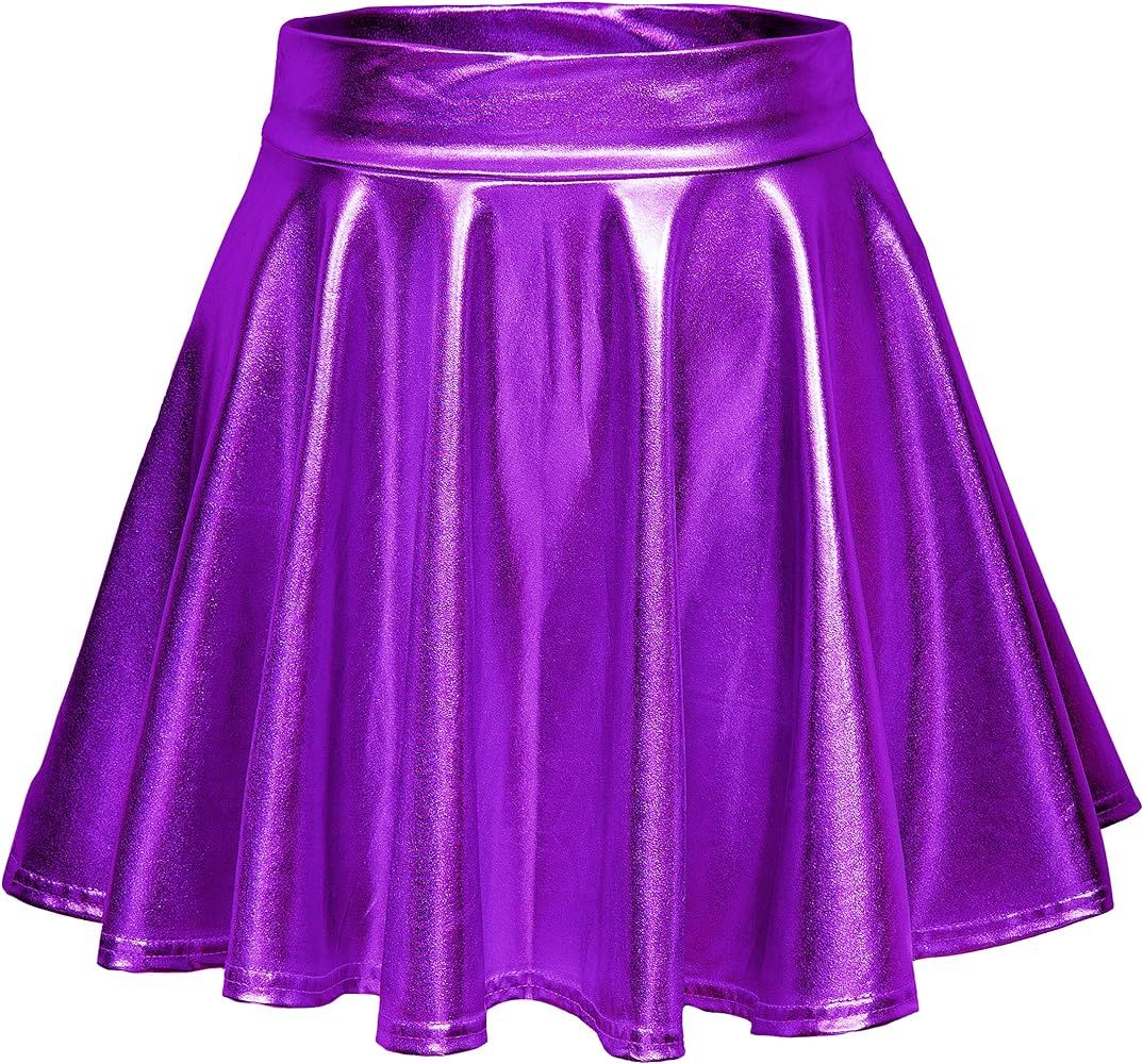 EXCHIC Women's Shiny Metallic Wet Look Stretchy Flared Mini Skater Skirt | Amazon (US)