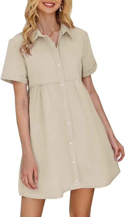 Fisoew Women's Short Sleeve Button Down Mini Dress Summer Casual A Line Pleated Flowy Babydoll Dr... | Amazon (US)