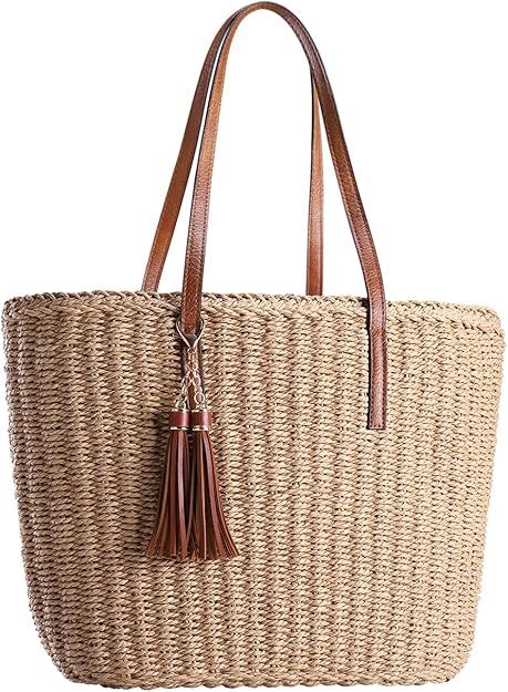 YXILEE Straw Bags For Women | M Size Travel Straw Totes Bag Woven Summer Handmade Shoulder Bag Ha... | Amazon (US)