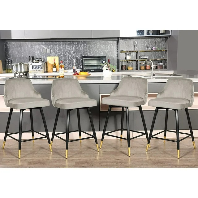 EiweLive 25'' Swivel Bar Stools with Back Set of 4, Gray Velvet Counter Height Stools for Kitchen... | Walmart (US)