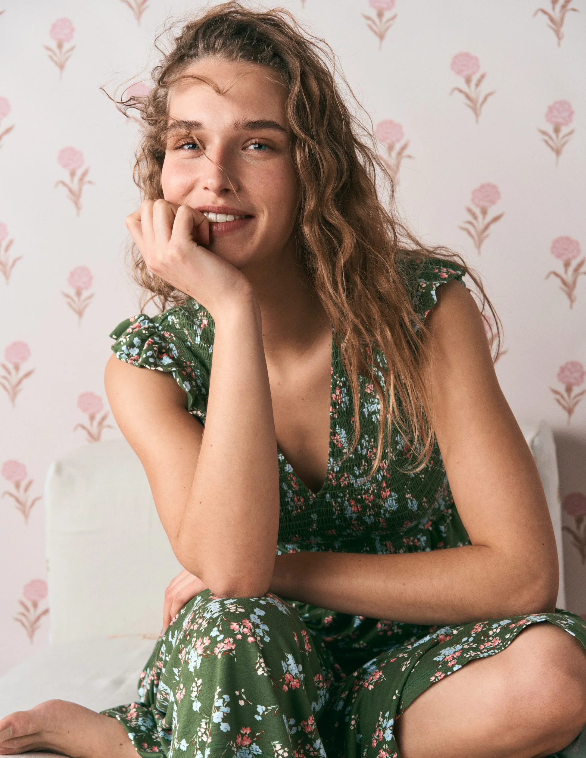 Smocked Jersey Midi Dress-Promenade Green, Bloom Scatter | Boden (US)