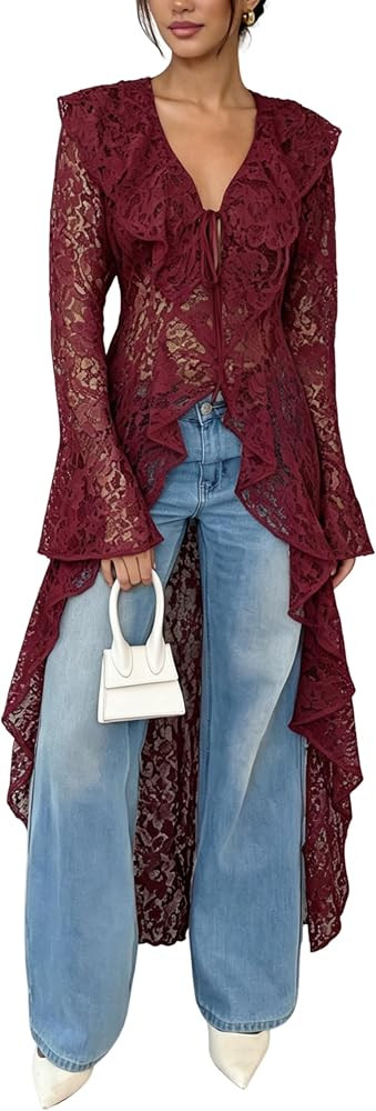 Lace Cardigan for Women Maxi Summer Lightweight Open Front Tie Bell Long Sleeve Ruffled Tops Dust... | Amazon (US)