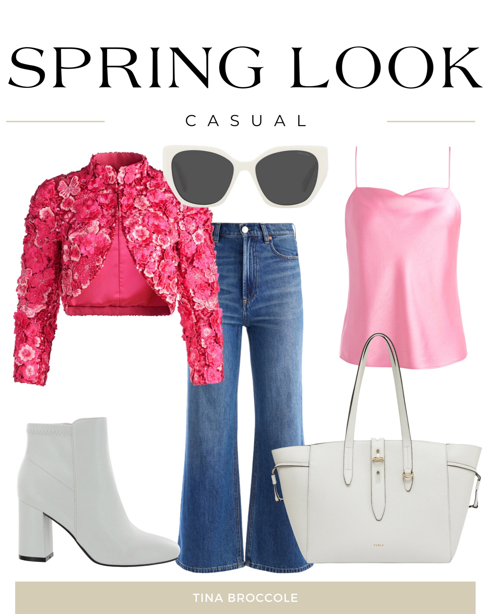 Spring - Casual - Jean - Denim - Tank Top - Pink - Jacket - Floral - White - Sunglasses - Tote - Booties - Shoes

#LTKSeasonal #LTKstyletip #LTKFind