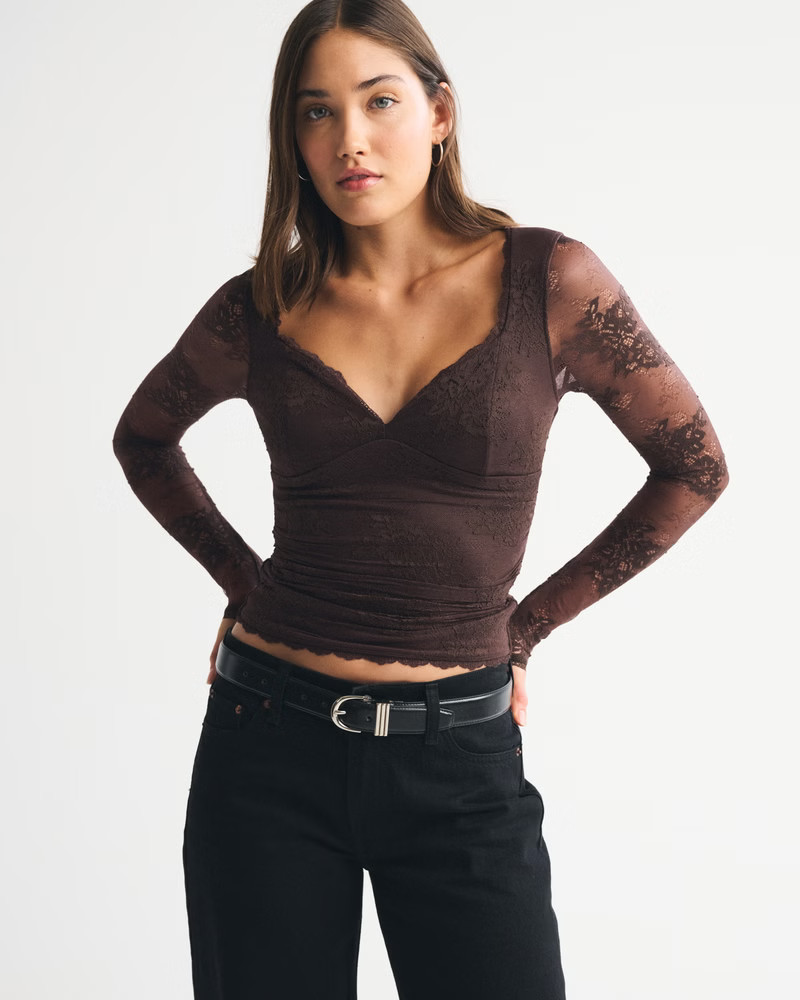 Women's A&F Zoe Bra-Free Long-Sleeve Lace Top | Women's New Arrivals | Abercrombie.com | Abercrombie & Fitch (US)