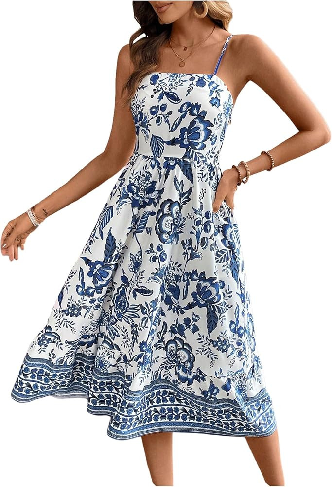 Floerns Women's Boho Floral Spaghetti Strap Dress Shirred Flared A Line Midi Dress | Amazon (US)