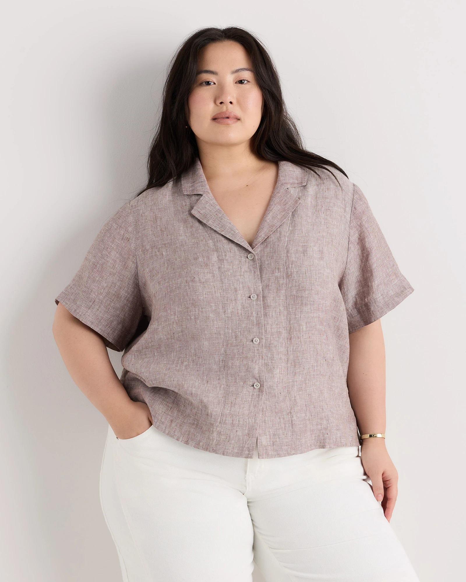Quince | Women's 100% European Linen Short Sleeve Shirt in Taupe Brown Chambray, Size 3X | Quince