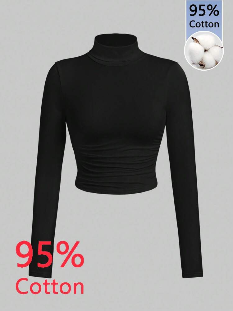 SHEIN EZwear Casual Turtleneck Ruched Long Sleeve Fitted T-Shirt, Suitable For Autumn/Winter | SHEIN