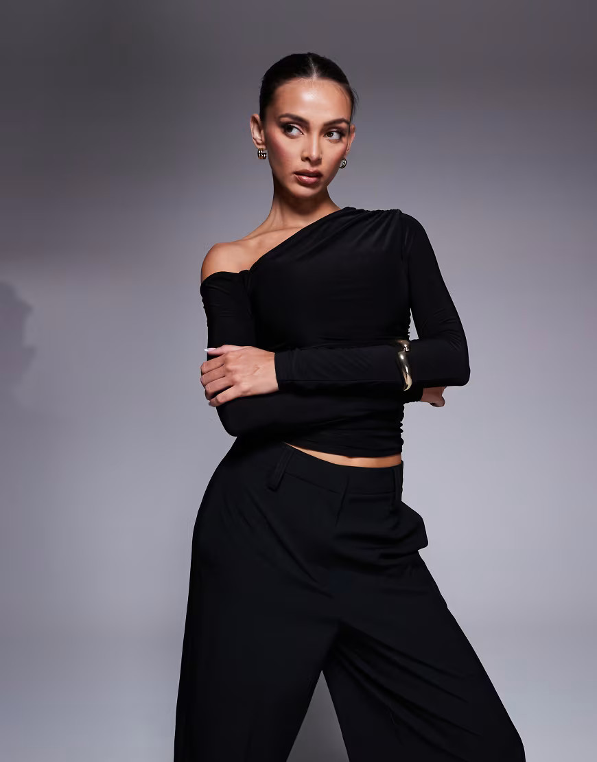 Kaiia exclusive double layered slinky off shoulder long sleeve top in black | ASOS (Global)