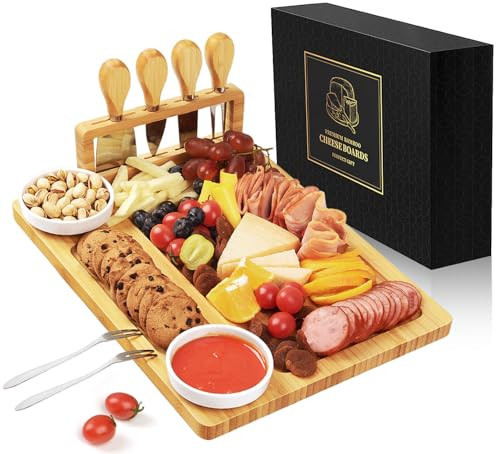 Bamboo charcuterie boards Gift Set - Serving Meat Cheese Board, Charcuterie Board Set with 4 Stainless Steel Cheese Knife, Ideal for House Warming Gifts New Home, Christmas, Bridal Shower Gift | Amazon (US)