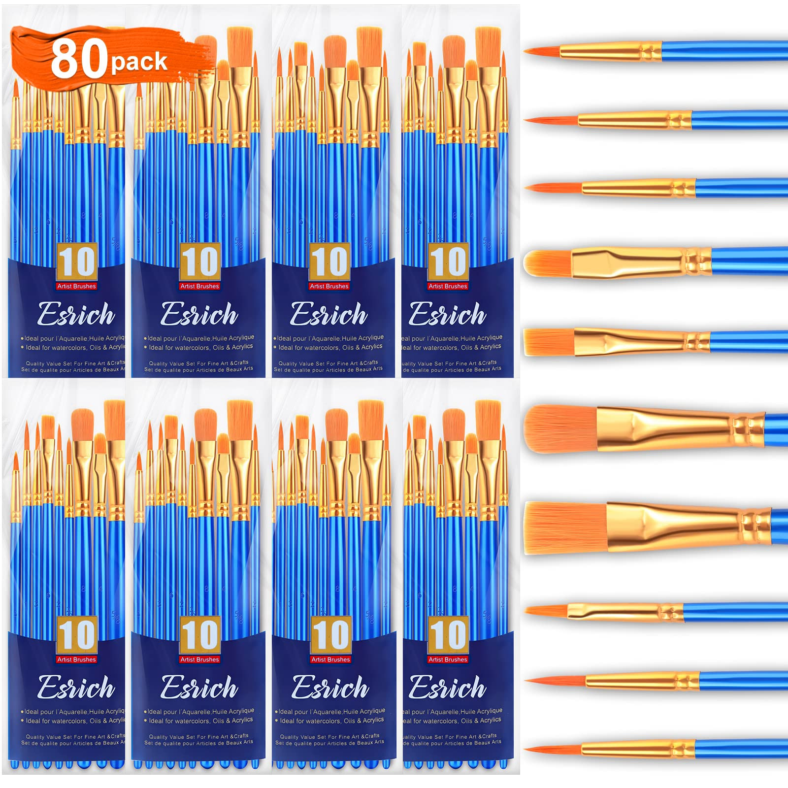 ESRICH Acrylic Paint Brushes Set,8Packs /80 Pcs Nylon Paintbrushes Head, Suitable for Acrylic Oil... | Amazon (US)