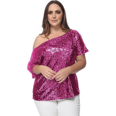 Anna-Kaci Plus Size Sequin One Shoulder Short Sleeve Sparkle Party Top - Large Plus, Pink | Target