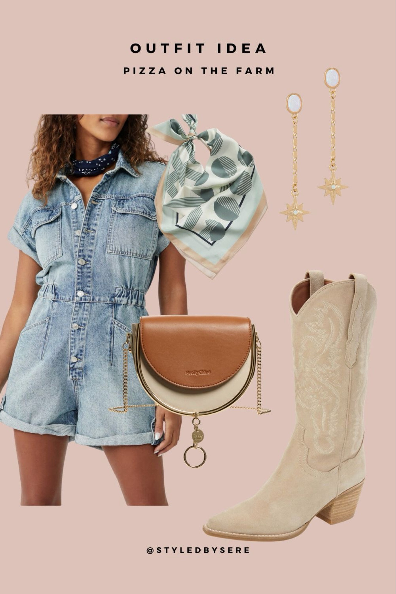 Enjoy a date night on the farm with an adorable denim jumper. Add calf-height cowboy boots and a saddle bag crossbody. And finish the look with a beautiful handkerchief and stargazing earrings

#LTKParties #LTKShoeCrush #LTKFestival