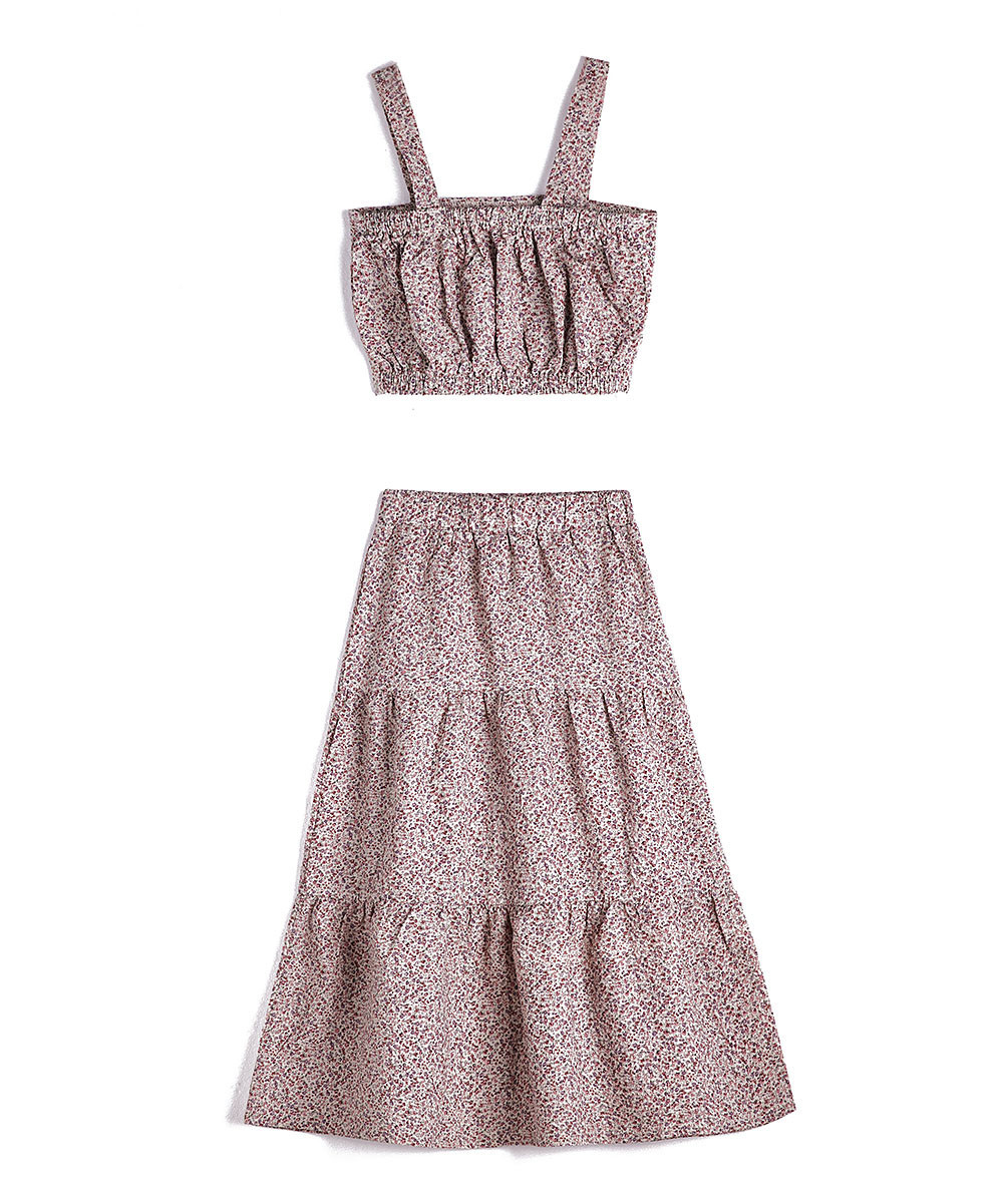 Cup of Sweet Girls' Casual Skirts Pink - Pink Floral Sleeveless Crop Top & Tiered Maxi Skirt - Girls | Zulily