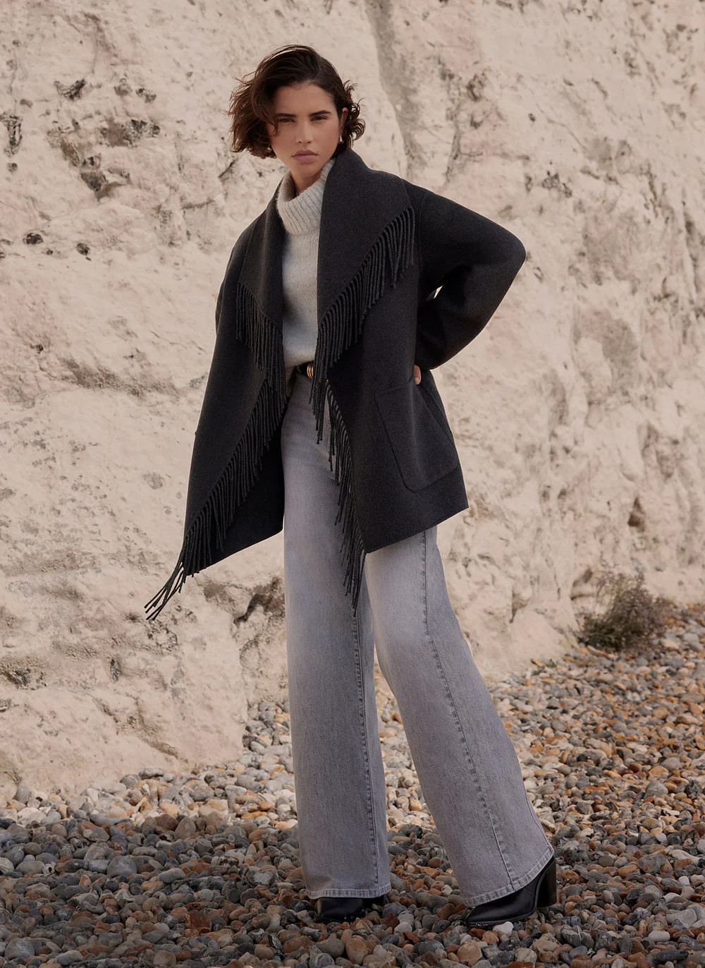 Grey Wool Blend Hand Finished Tassel Coat | Mint Velvet