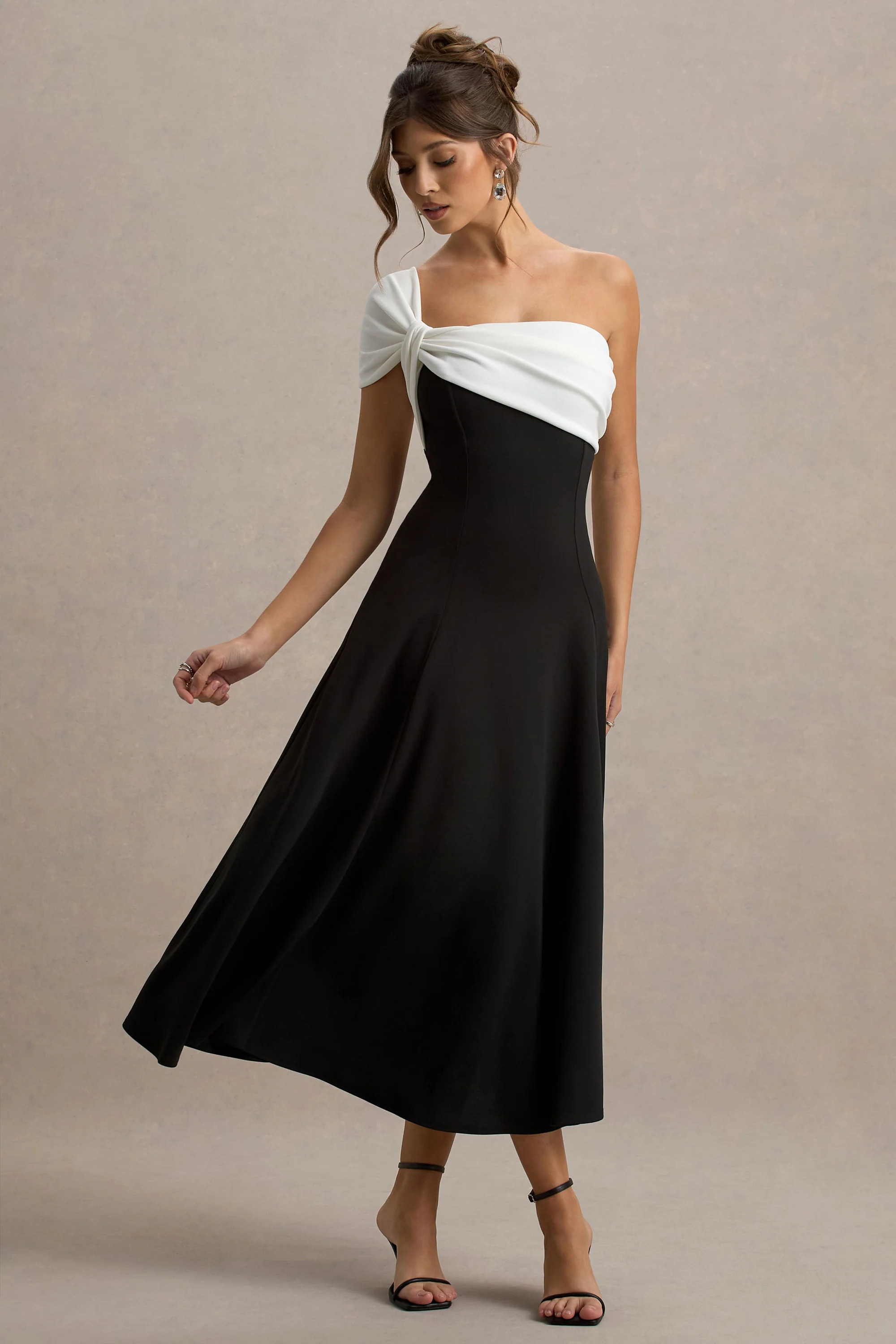 Malta | Black & White One-Shoulder Midi Dress | Club L London