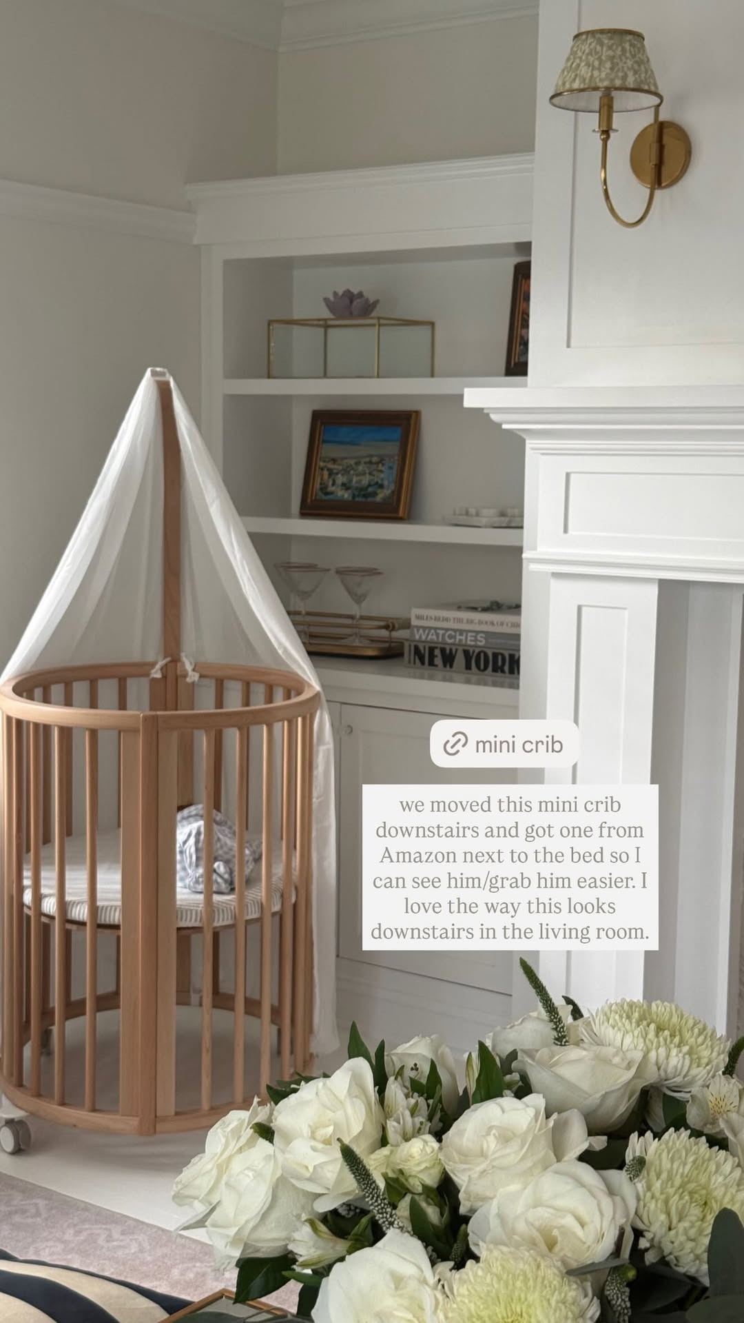 I love the way this mini crib looks downstairs in the living room  

 #LTKHome #LTKBaby