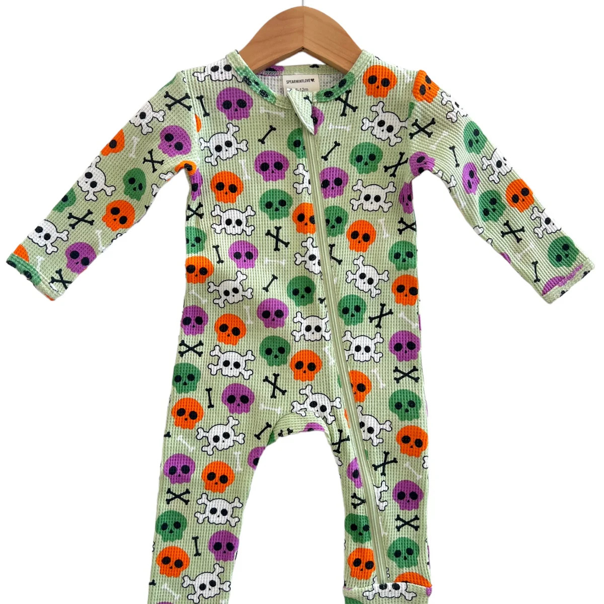 Organic Waffle Basic Zip Romper, Candy Skulls Green | SpearmintLOVE