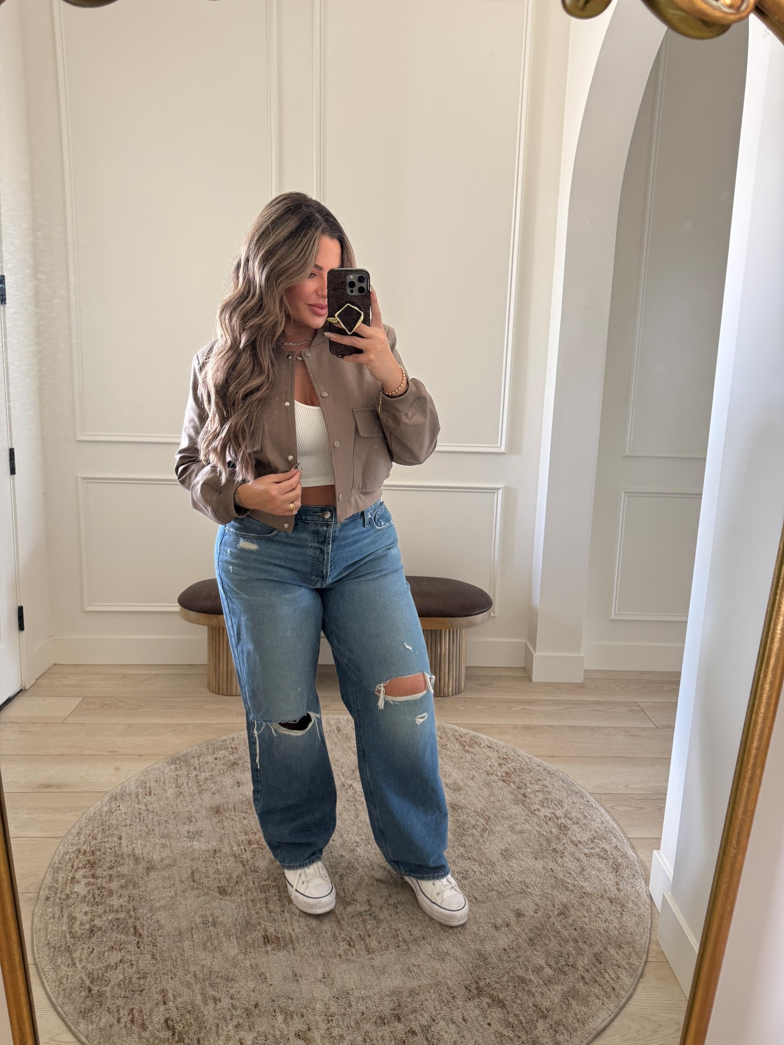 #ootd 
Tank L 
Jacket xl the color of mine is no longer available but they have a ton of other colors. 
Jeans size 12L 

