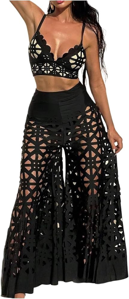 WDIRARA Women's 3 Piece Swimsuit Hollow Out Bikini Set with Cover Up Pants | Amazon (US)