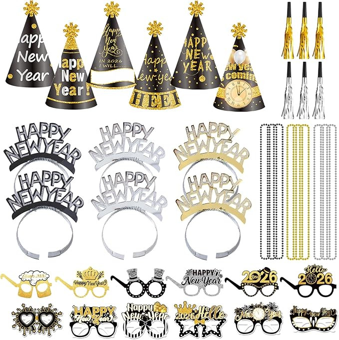 39 Pieces New Years Eve Party Supplies 2026,New-Year’s Hats,Tiaras,Bead Necklaces,2026 Glasses ... | Amazon (US)