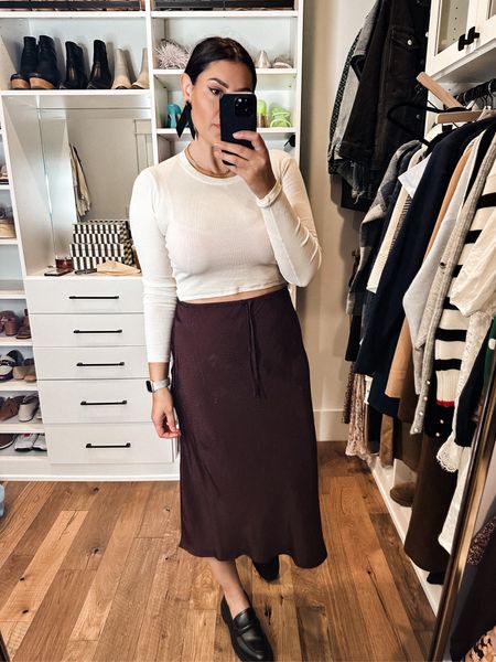 50% off with code TGIF. 
You guys know I love a midi skirt and this one is darling. It has little stars embroidered all over it. Cute right? I am in the 8 of the skirt, fit is perfect. The drawstring is adjustable to an extent, but definitely go for your typical size. 

This top is a cropped tee and it’s not for everyone, obviously. But I do like it and thought I’d share it! I’ve worn it a lot this fall as a layer under dresses, with skirts like this, etc. I am in the medium, it runs TTS. It’s fitted though, so just FYI if you want a looser / longer fit size up. Slightly sheer as you can see lol