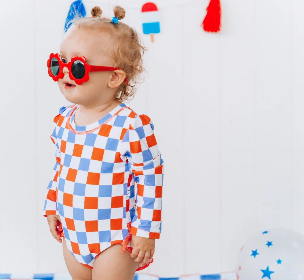 ALL AMERICAN CHECKS DREAM RASH GUARD RUFFLE SWIM SUIT | Dream Big Little Co.
