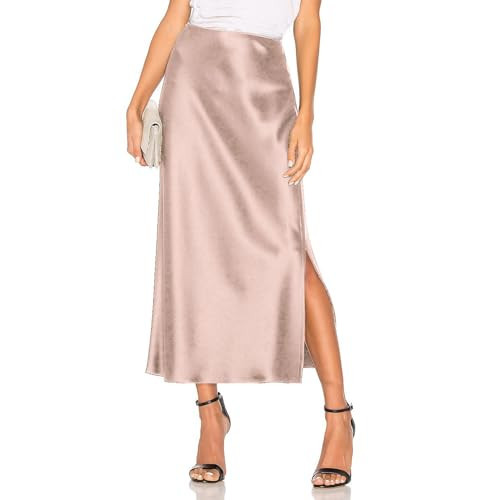 AIIYYQB Womens Summer Long Satin Silk Skirt Elastic High Waist A Line Skirts Cocktail Party Wedding Midi Skirts Champagne | Amazon (US)