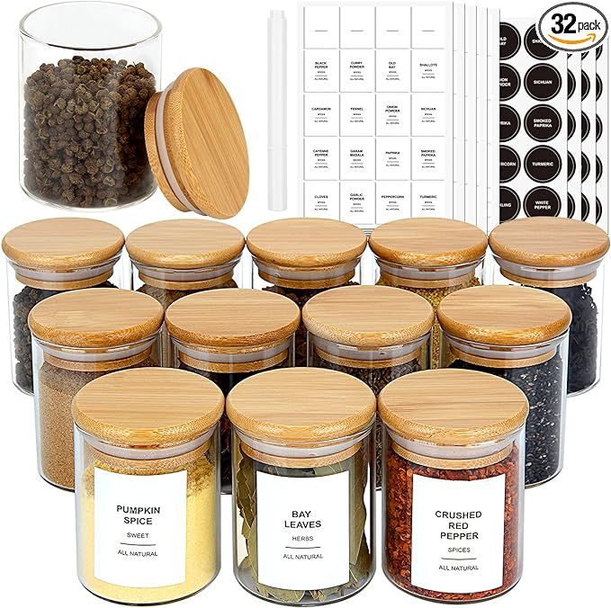 JuneHeart 12 PCS Glass Spice Jars with Bamboo Lids and 194 Waterproof Labels, 4oz Clear Food Stor... | Amazon (US)