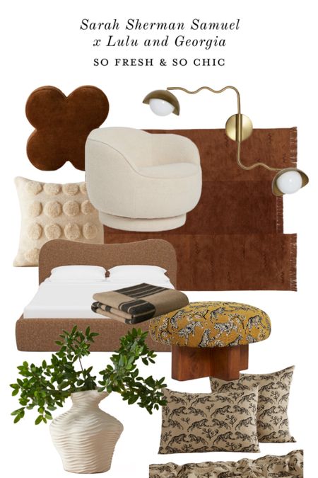 NEW Sarah Sherman Samuel for Lulu and Georgia!
-
Irregular edge rug - curved armchair - upholstered curved bed - leopard print ottoman - leopard print neutral bedding - textured vase - clover throw pillow - textured throw pillow - wavy arm brass wall sconce - striped wool throw blanket - transitional decor - modern decor - luxury decor - luxury furniture 

#LTKhome